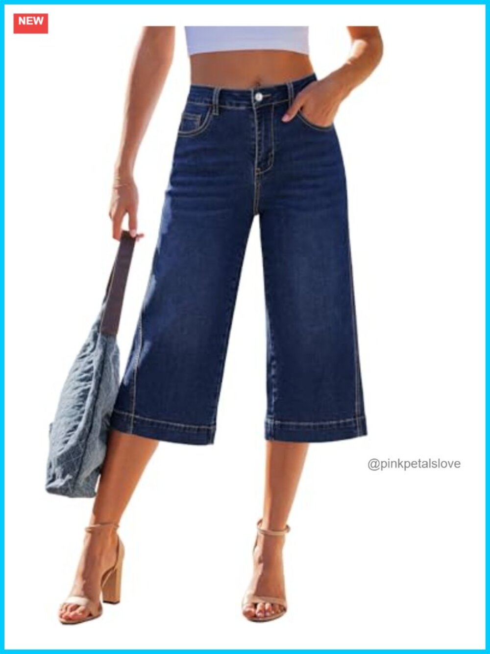 Wide Leg High Waist Stretch Denim Capri Jeans Women 20in Inseam Side Seam Patch